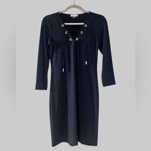 Calvin Klein Women's Lace Up Detail 3/4 Sleeve Sheath Dress Navy Size 4.